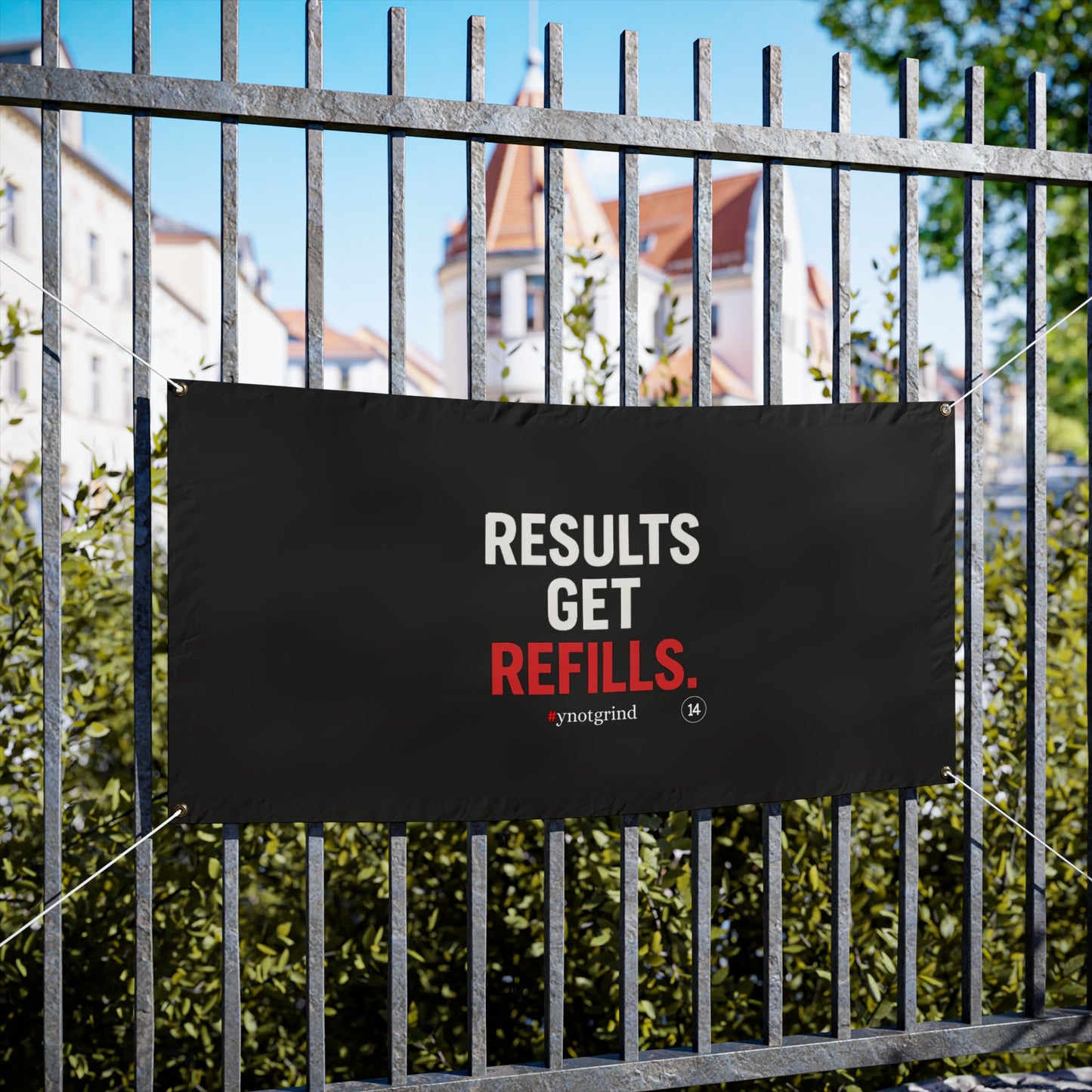 Motivational 'Results Get Refills' Vinyl Banner — Gym & Fitness Motivation Sign