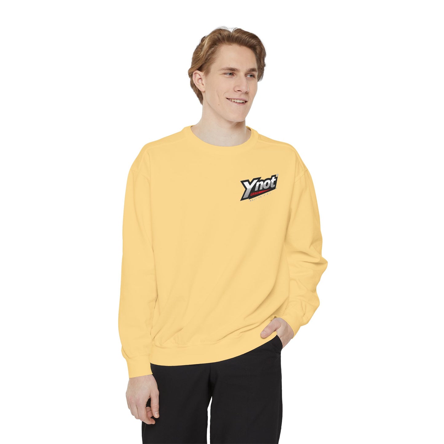 Ynot Retro Logo Sweatshirt — White Garment-Dyed Crewneck