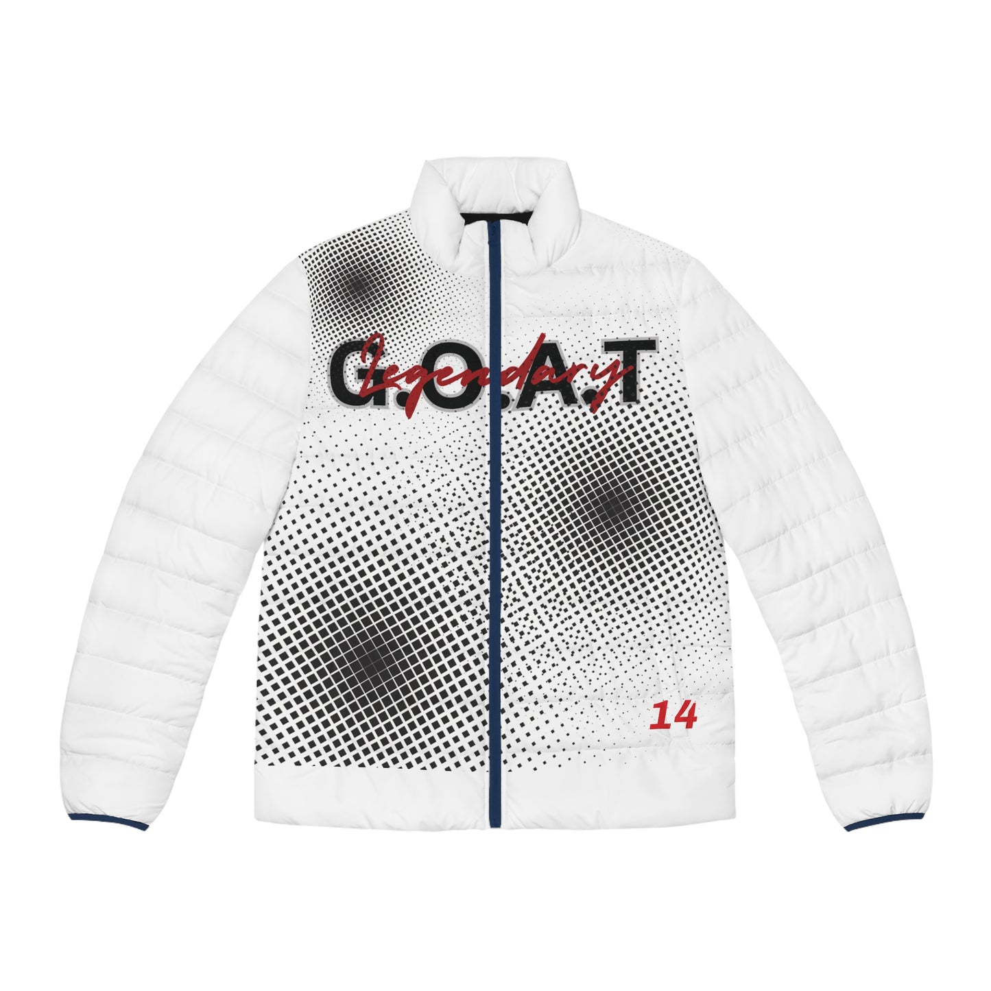 Graphic Puffer Jacket — 'One Day' Script Design with Halftone Dots