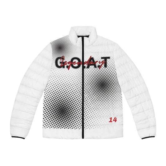 Graphic Puffer Jacket — 'One Day' Script Design with Halftone Dots