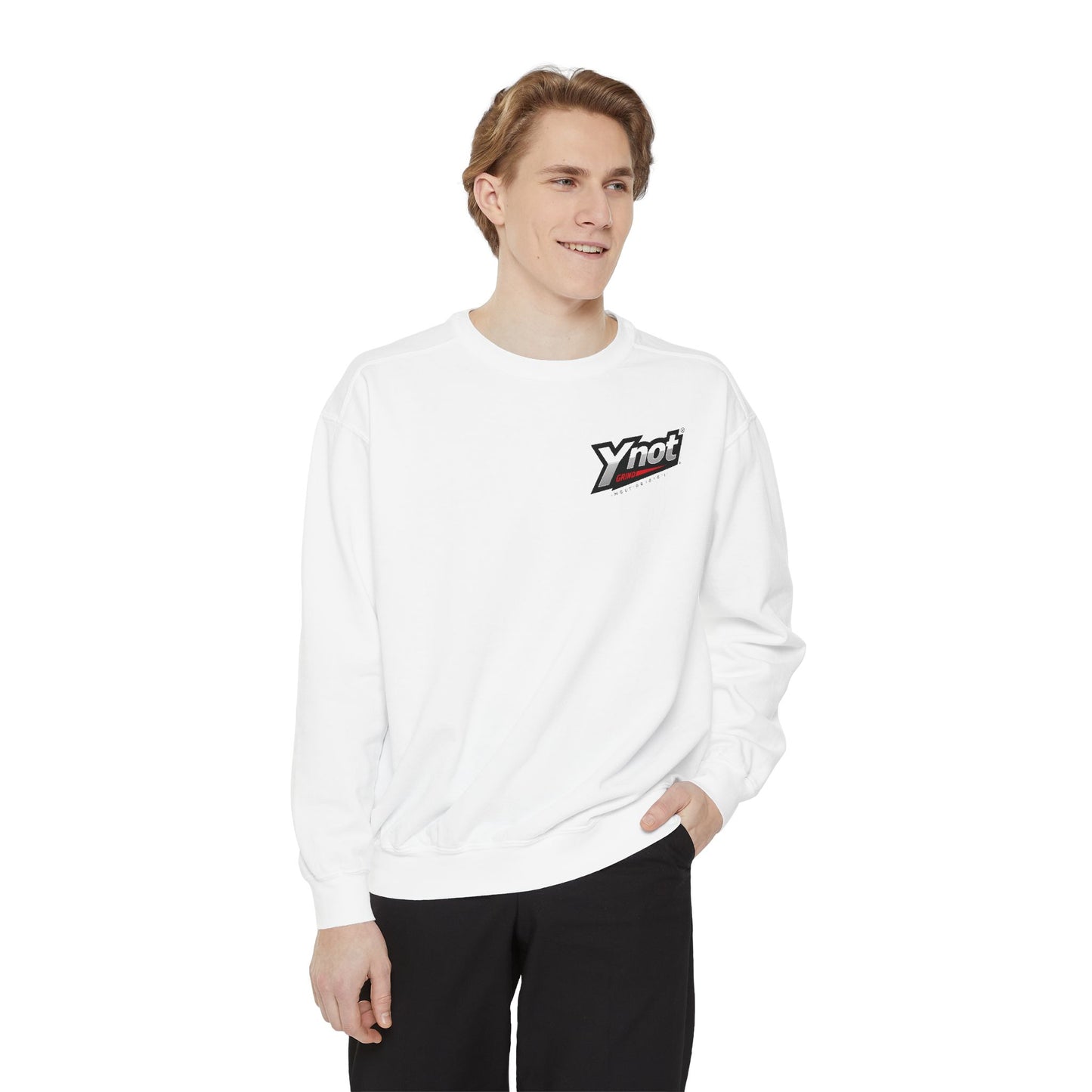 Ynot Retro Logo Sweatshirt — White Garment-Dyed Crewneck
