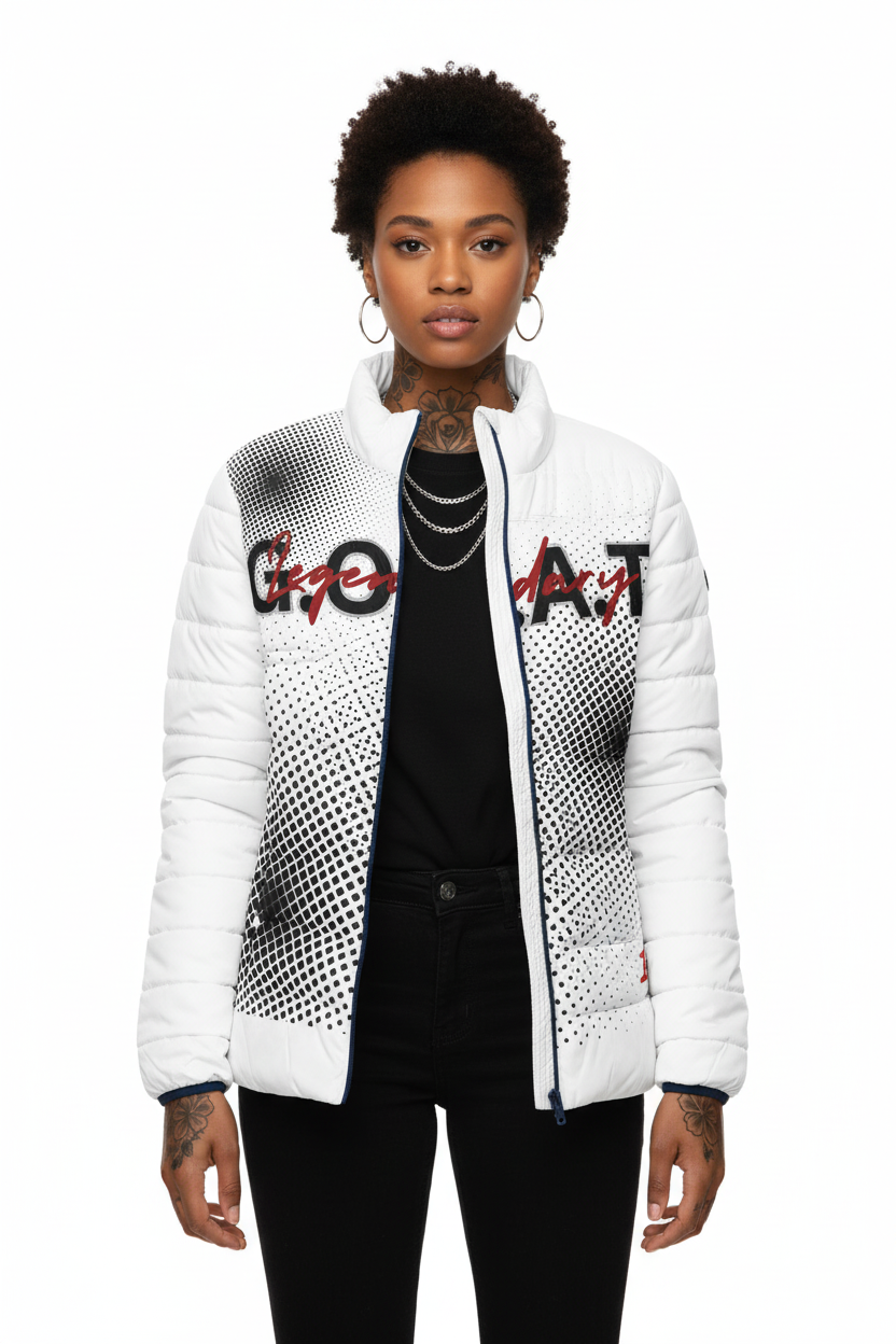African woman wearing white GOAT jacket
