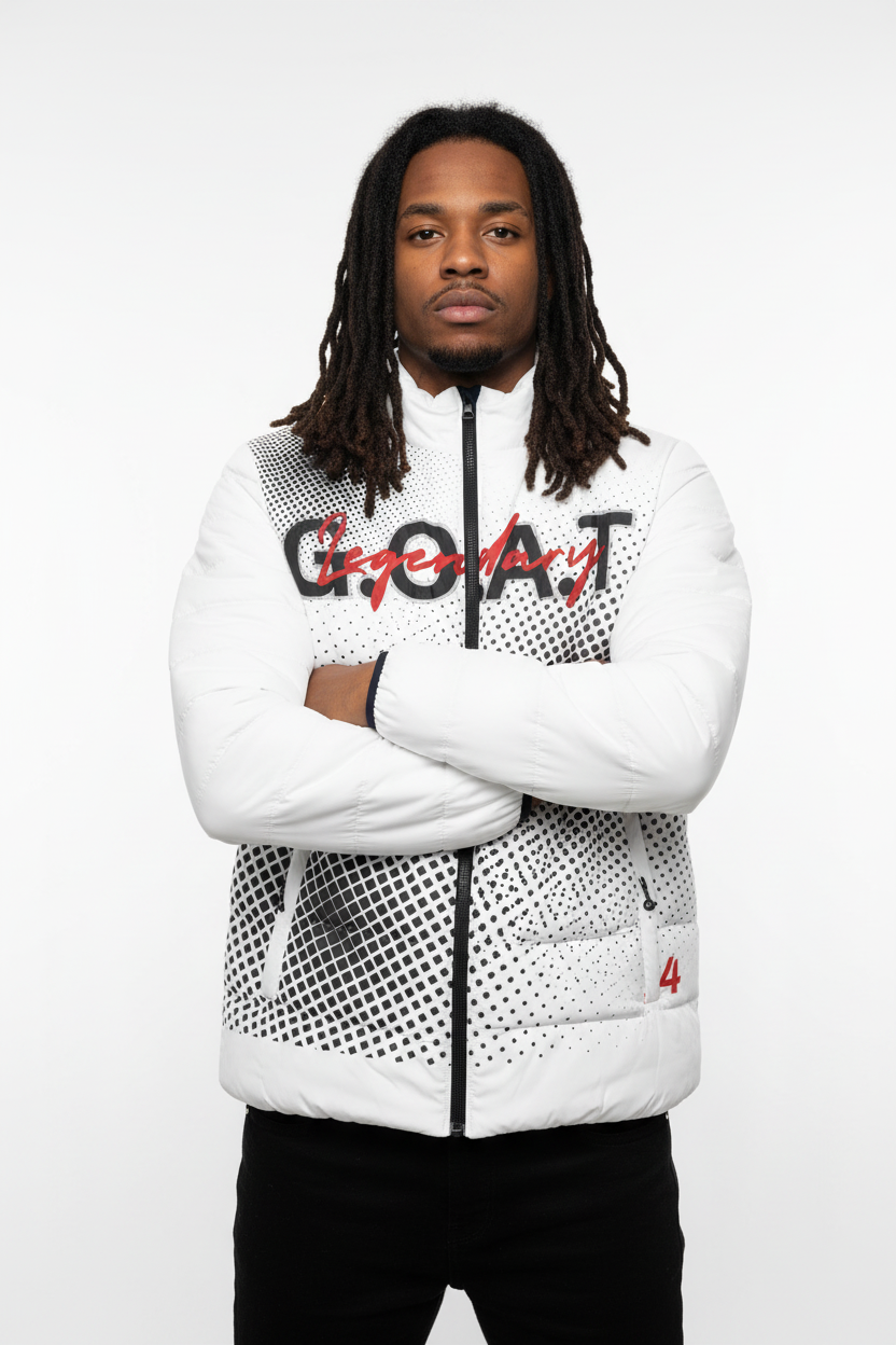 Hip-hop artist wearing white GOAT jacket