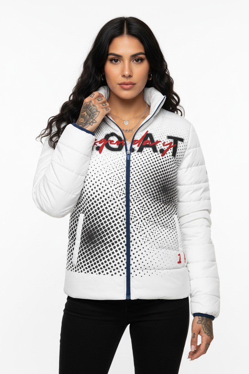 Hispanic woman wearing white GOAT jacket