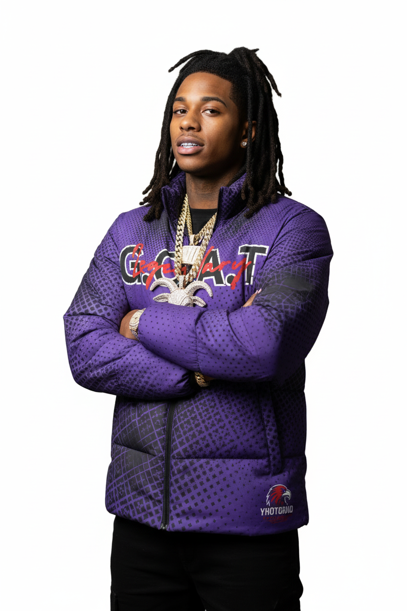 Mixed-race hip hop artist with locs wearing purple GOAT puffer jacket - version 2