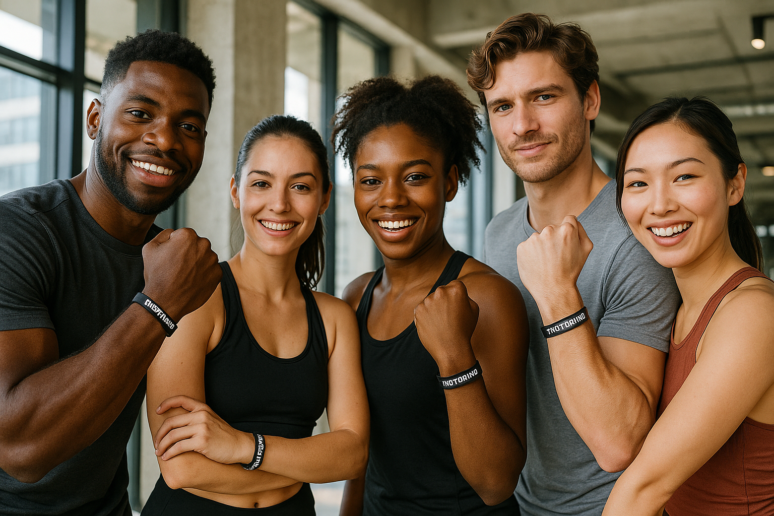 Updated image of diverse young adults aged 20-35 wearing ynotgrind wristbands, including both a Black male and Black woman