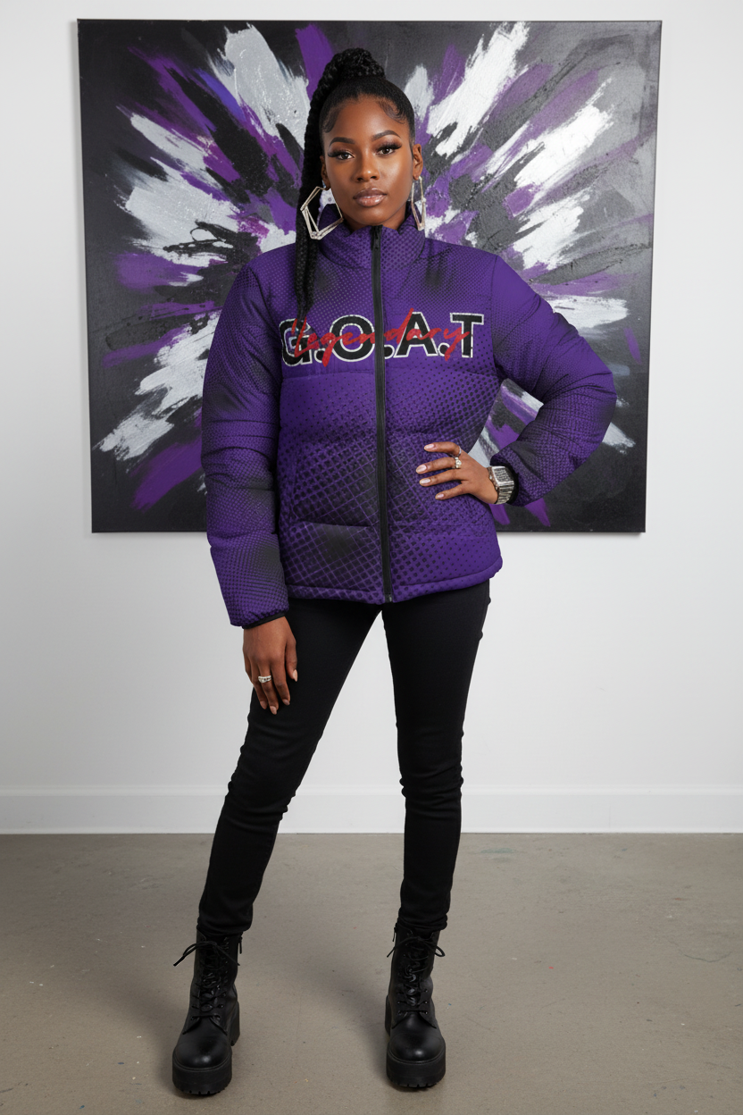 Young Black female fashion designer wearing purple GOAT puffer jacket